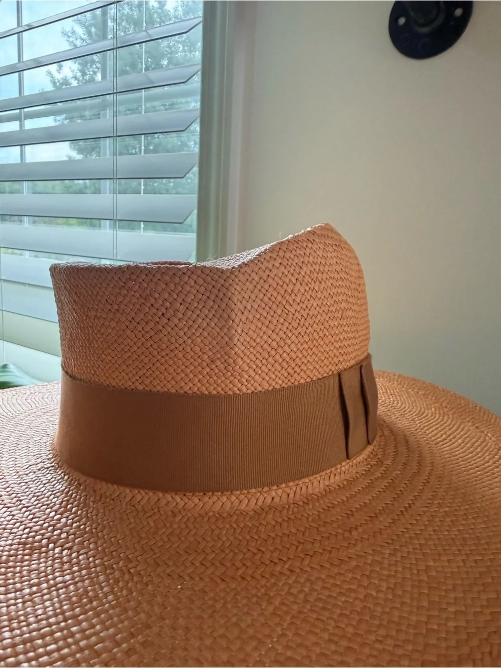 Gladys Tamez Straw Wide-Brim Fedora Hat in Peach with Ribbon Band